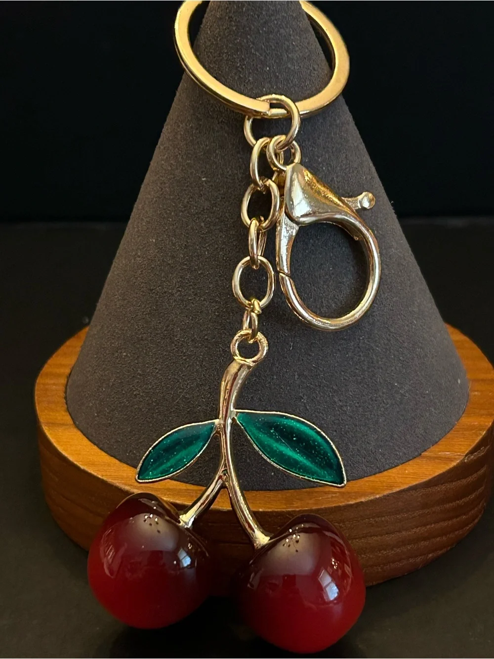 Gold-Tone Cherry 🍒 Bag Charm Keychain with Red Cherries and Green Leaves NWT